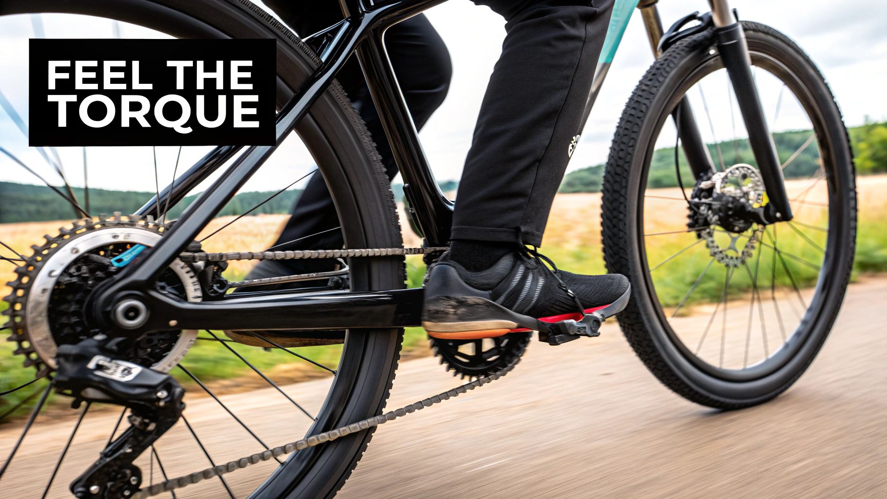 Lähivõte inimesest, kes sõidab elektrijalgrattaga, näidates pedaali, tagaratast ja ketti.