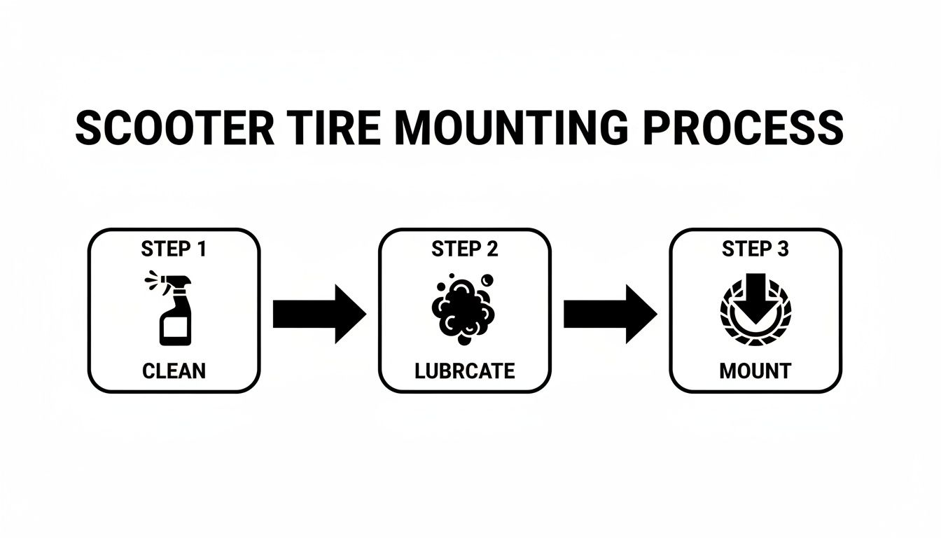 Diagram illustrating the scooter tire mounting process: clean, lubricate, then mount.