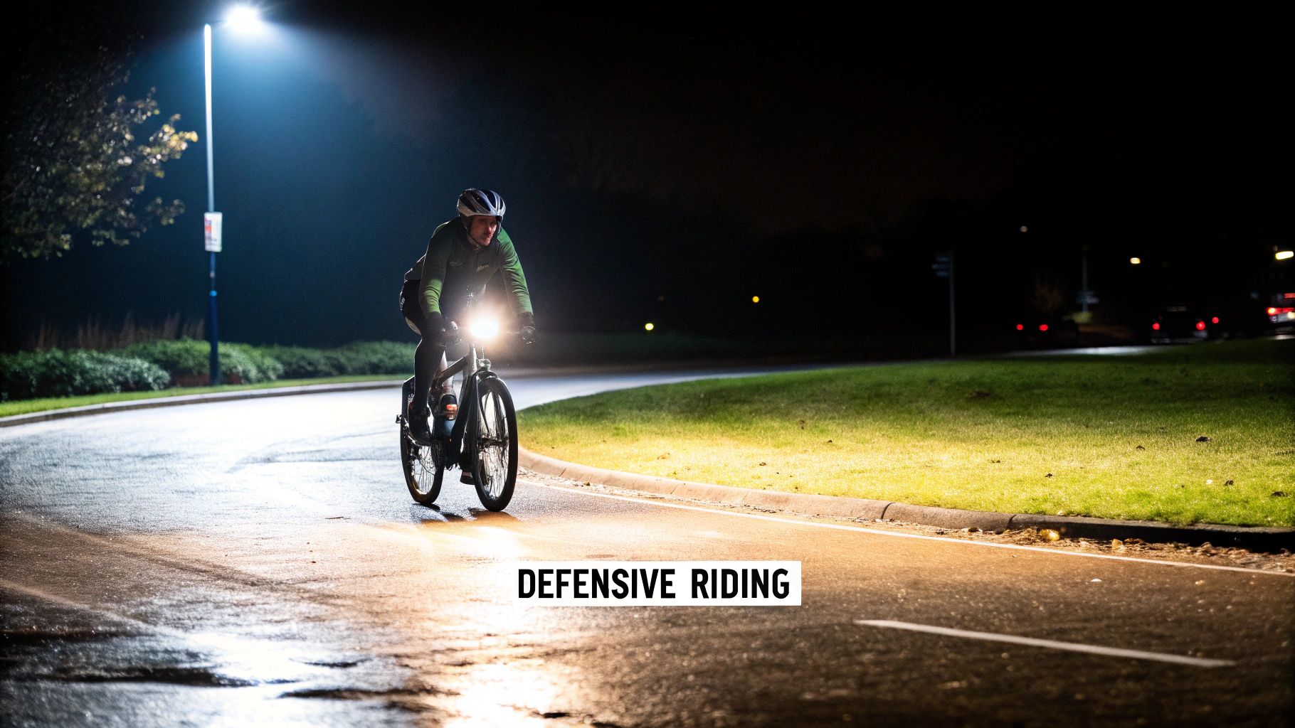 Osoba jadąca rowerem w defensywie po mokrej drodze w nocy, jasno oświetlona światłami rowerowymi.