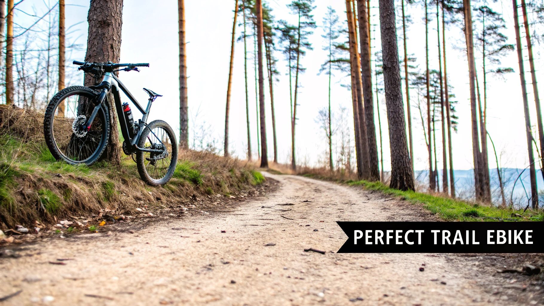 A black electric mountain bike leans against a pine tree on a dirt trail in a sunny forest.