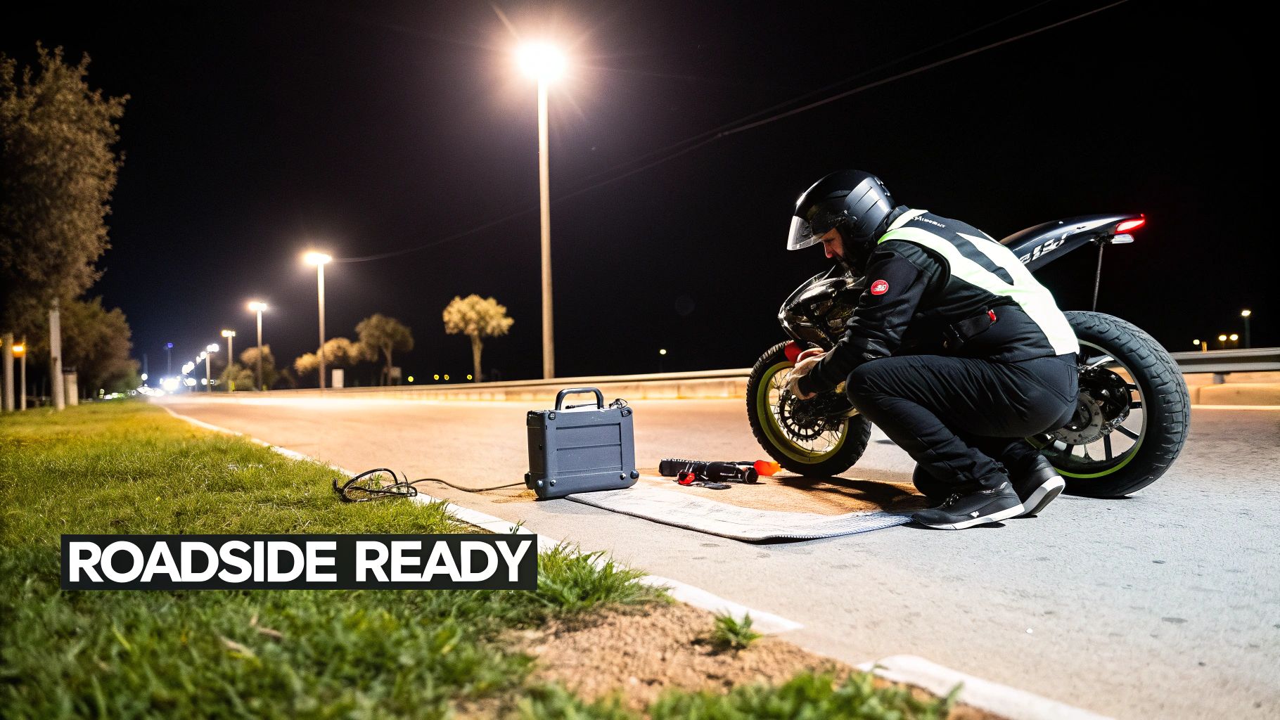 Motocyklista w kasku i kamizelce odblaskowej naprawiający rower na poboczu w nocy za pomocą narzędzi.