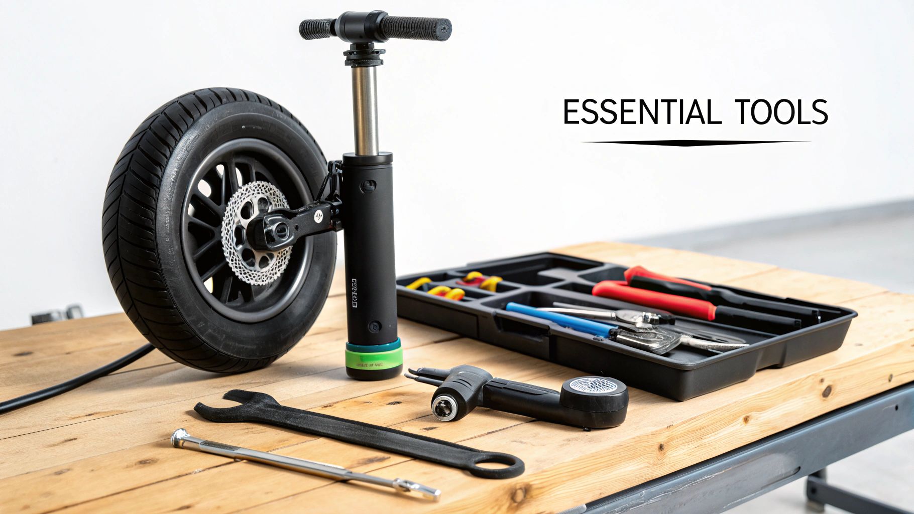 Essential tools for scooter tire repair, including a wheel, pump, and various hand tools on a wooden workbench.