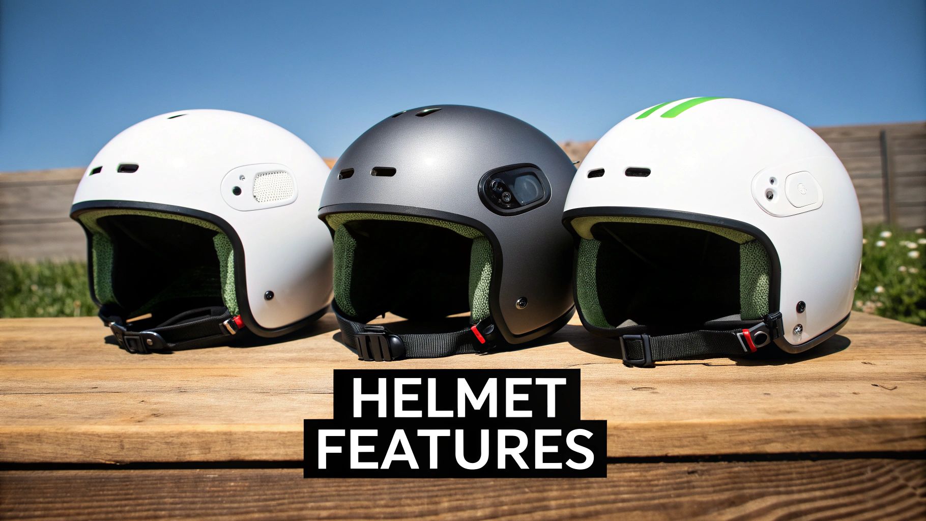 Three modern e-scooter helmets in white and grey, showcasing design and features on a wooden surface.
