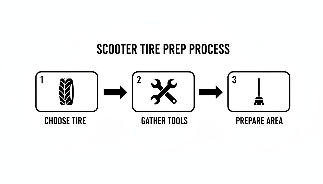 A three-step diagram illustrating the scooter tire preparation process: choose tire, gather tools, and prepare area.