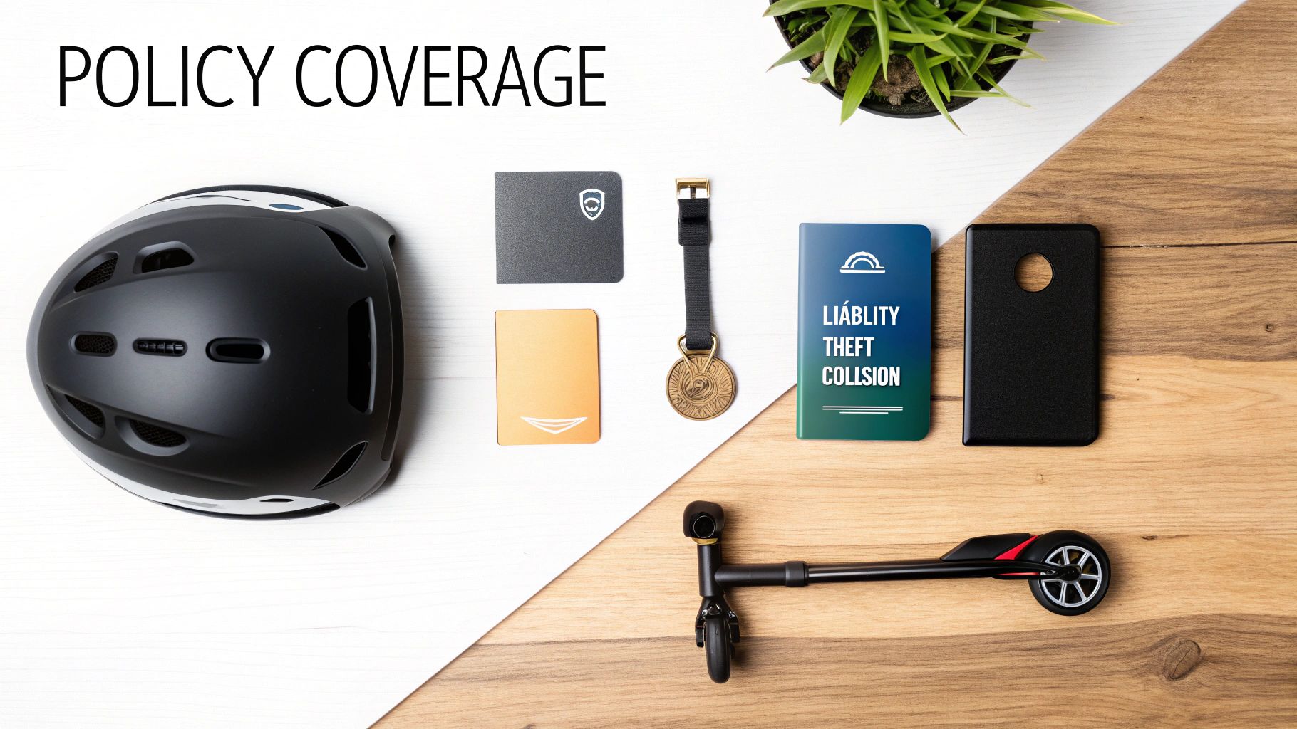 Flat lay of a helmet, cards, keychain, and a folded electric scooter, illustrating policy coverage.