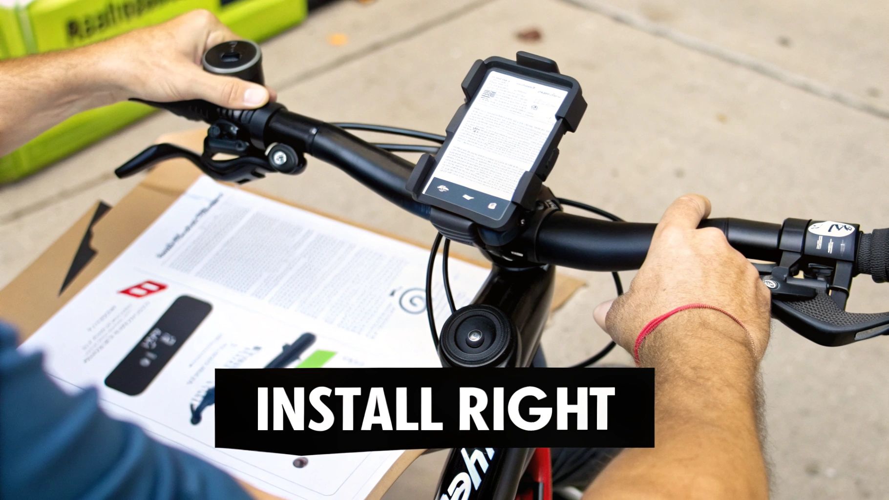 Osoba instalująca smartfon na uchwycie kierownicy roweru elektrycznego, zapoznając się z instrukcjami wyświetlanymi na ekranie i w papierze.