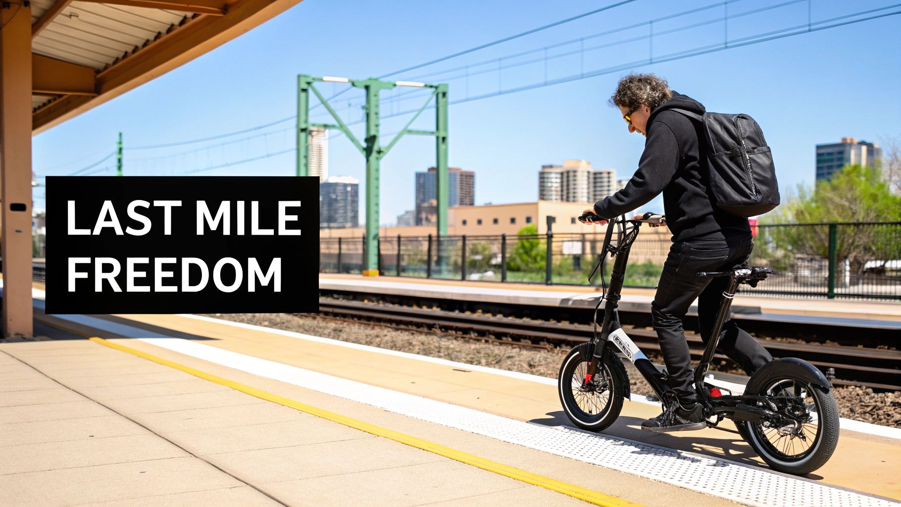 A person rides a compact electric vehicle on a train platform, highlighting 'LAST MILE FREEDOM'.