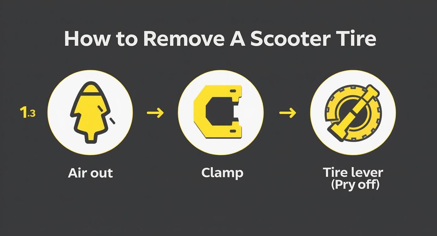 Infographic showing three steps to remove a scooter tire: air out, clamp, and pry off with a tire lever.