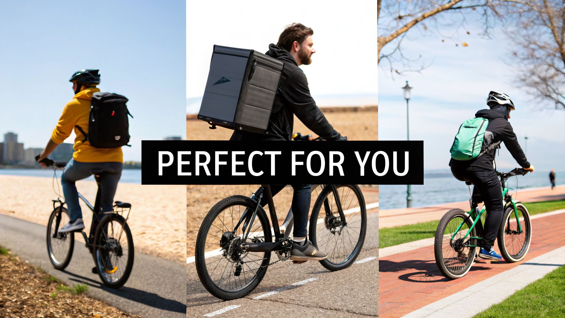 Kolm inimest sõidavad jalgratastega erinevates väliskeskkondades, igaühel erineva stiiliga seljakott.