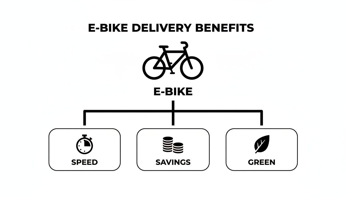 Infographic showing e-bike delivery advantages: speed, savings, and green benefits.