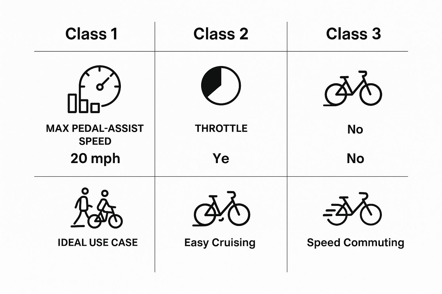 Infographic comparing Class 1, Class 2, and Class 3 e-bikes based on max speed, throttle, and use case
