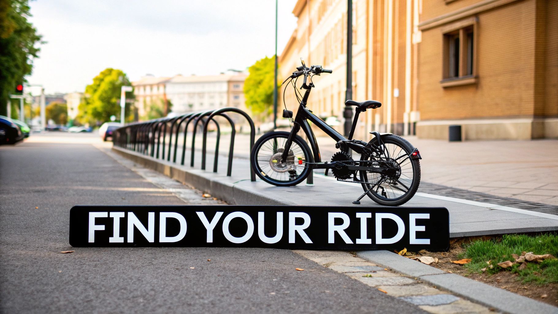 Black compact electric bicycle parked by bike rack with Find Your Ride sign on urban street