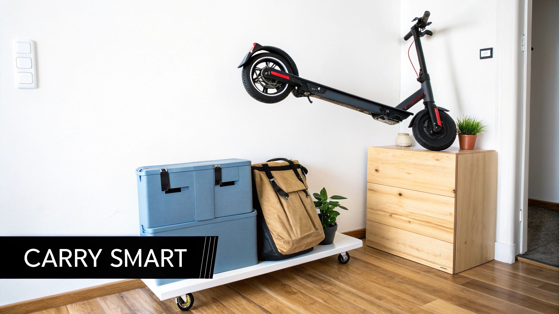 A person looking at their folded electric scooter, pondering a question.