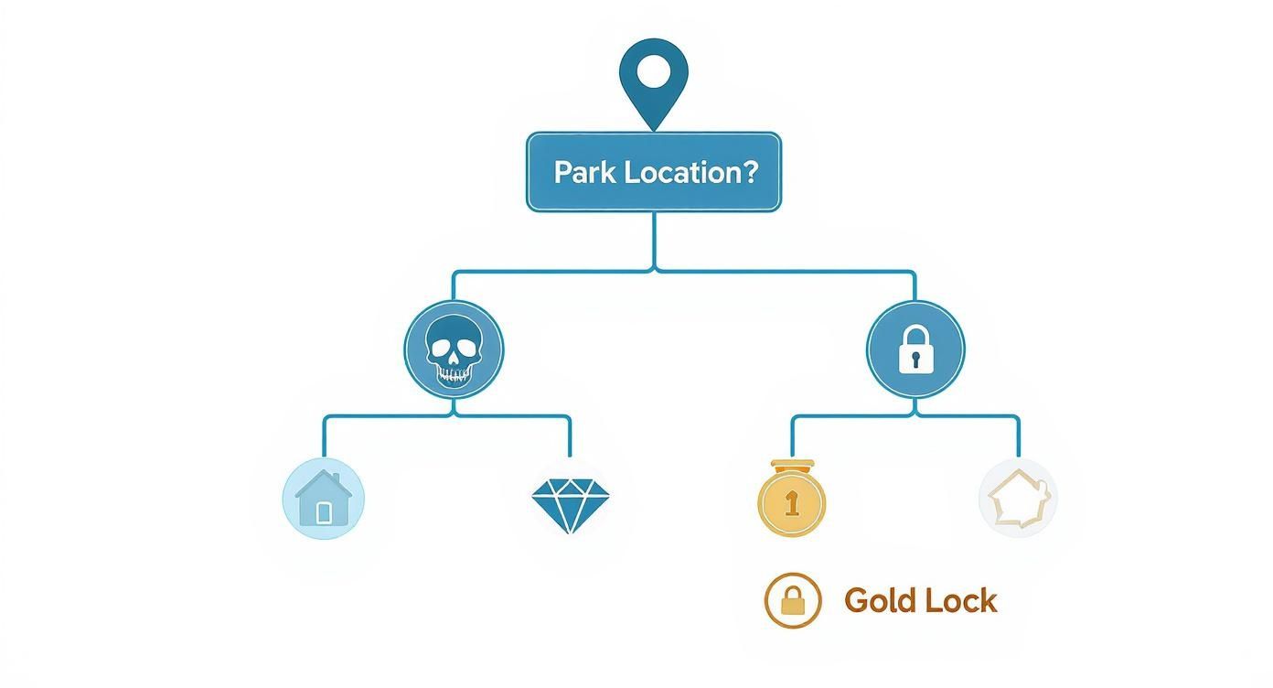 Flowchart for park location decision, branching into skull (house, diamond) and lock (medal, house, Gold Lock) options.