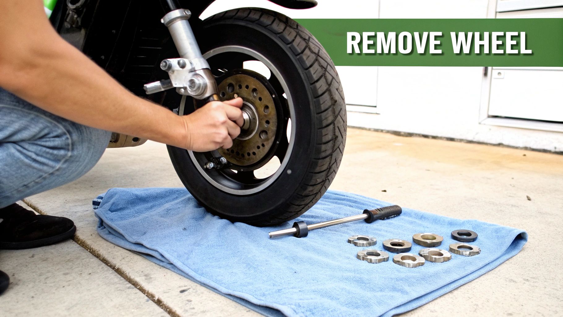 A person in blue jeans is removing a motorcycle wheel on a concrete surface, with tools and parts on a blue towel.
