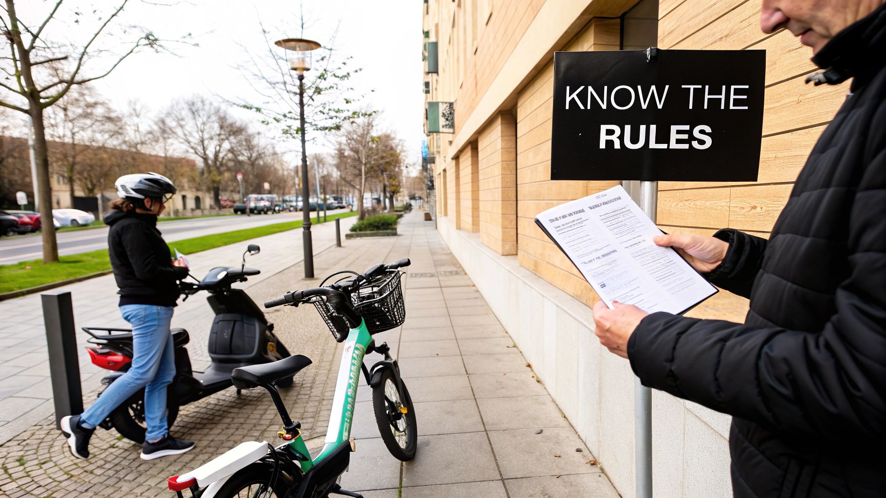 A person showing their driver's license with a moped and an e-bike in the background, signifying legal requirements.