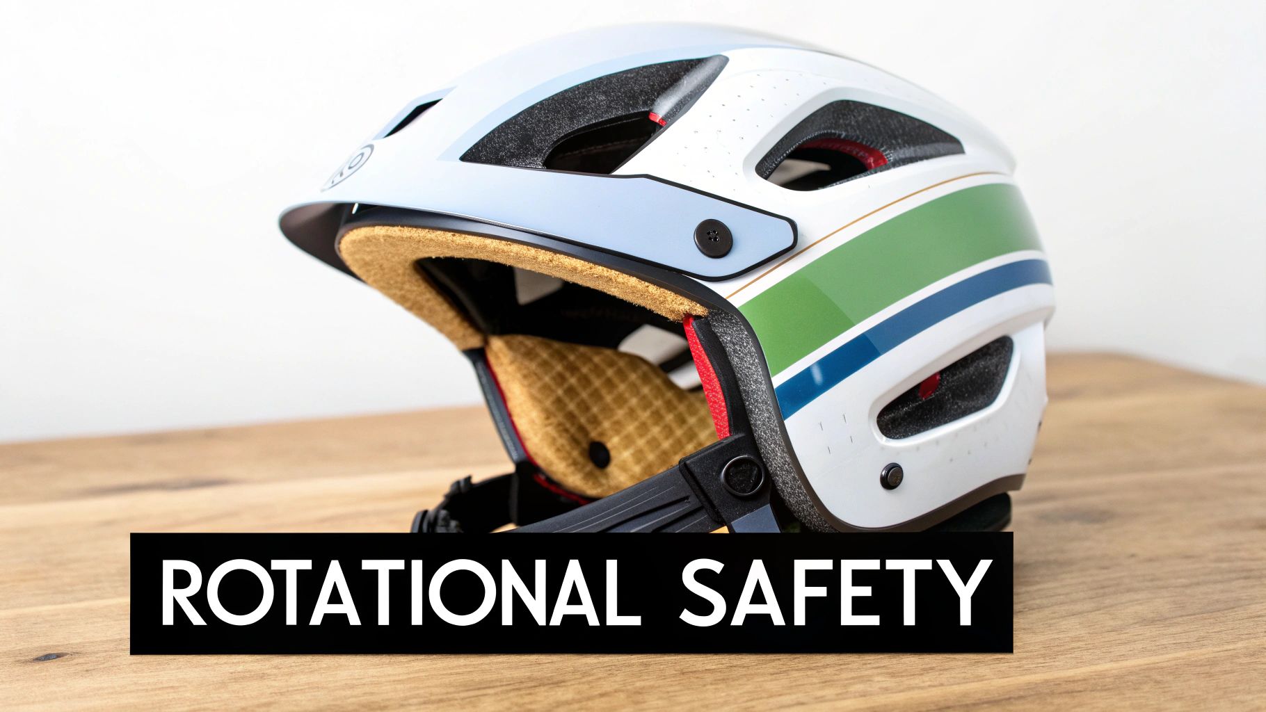 A light blue and white bicycle helmet with green and blue stripes on a wooden table, highlighting rotational safety.