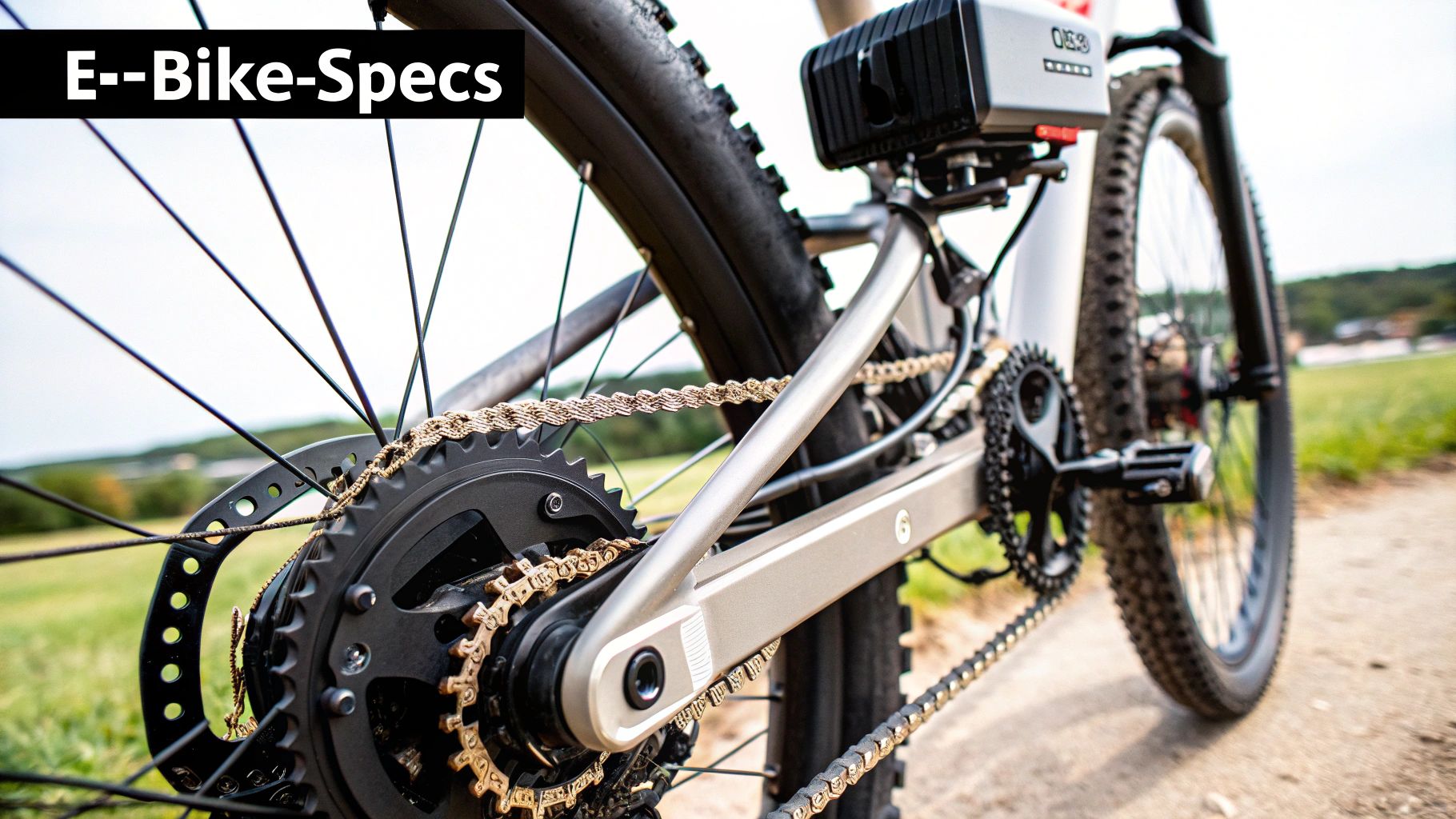 Detailed view of an electric bike's golden chain, gears, and tire in an outdoor setting.
