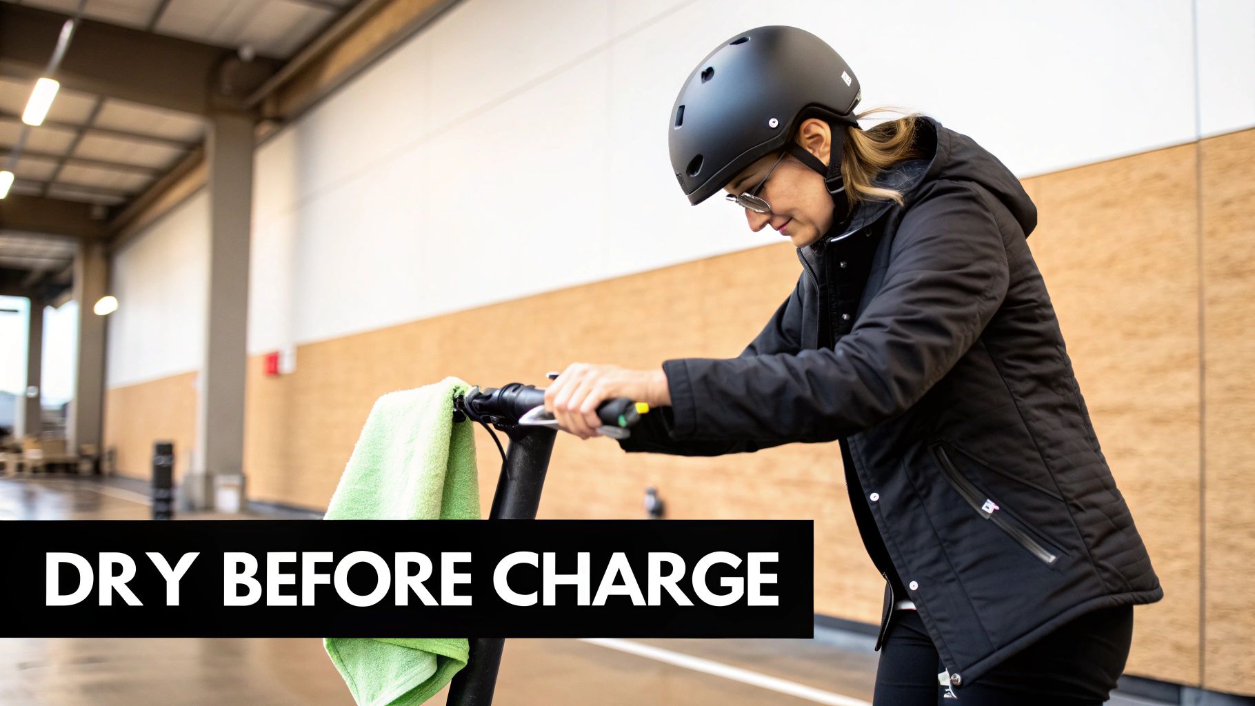 Kobieta w czarnym kasku i kurtce suszy hulajnoga elektryczna zielonym ręcznikiem, podkreślając bezpieczeństwo „Wysusz przed ładowaniem”.