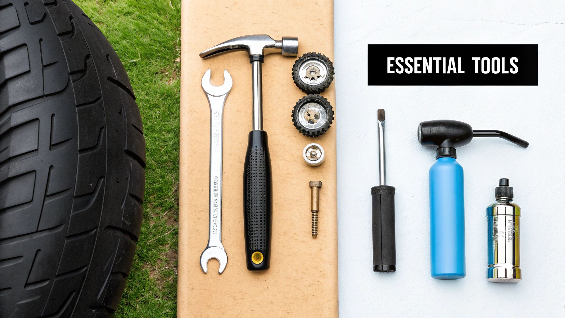 A flat lay of essential tools including wrench, hammer, screwdriver, and bottles, next to a scooter tire.