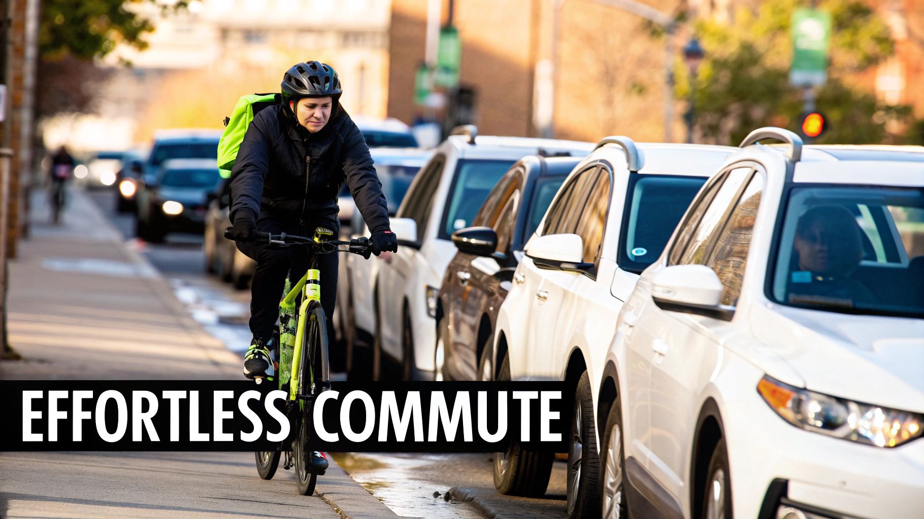 A person happily riding an electric bike through a sunlit city street.
