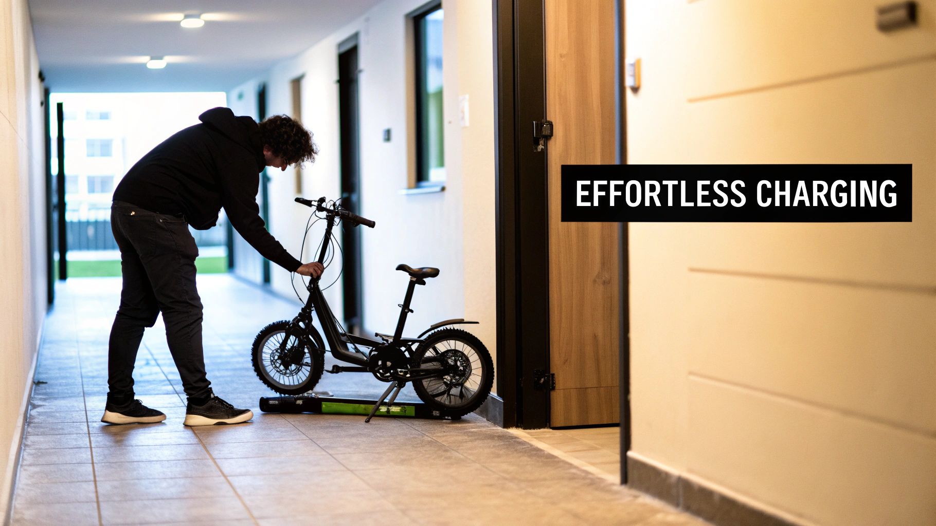Osoba podłącza czarny elektryczny rower składany z wymienną baterią do ładowarki na podłodze w korytarzu.