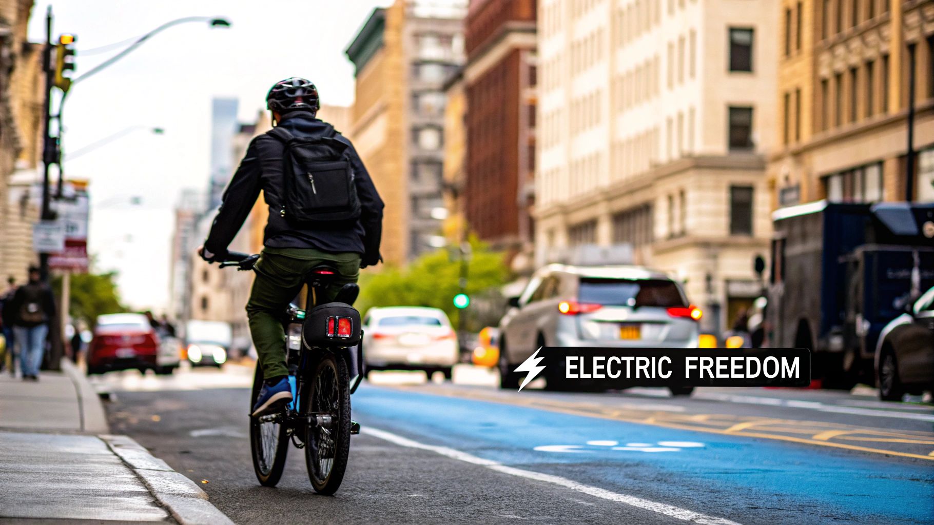 A person riding an electric bike through a sunny city park.