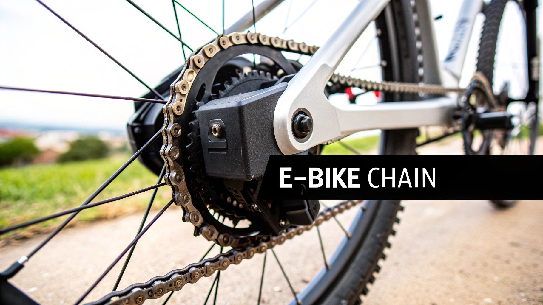 Close-up of an electric bike's rear wheel, chain, gears, and mid-drive motor on an outdoor path.