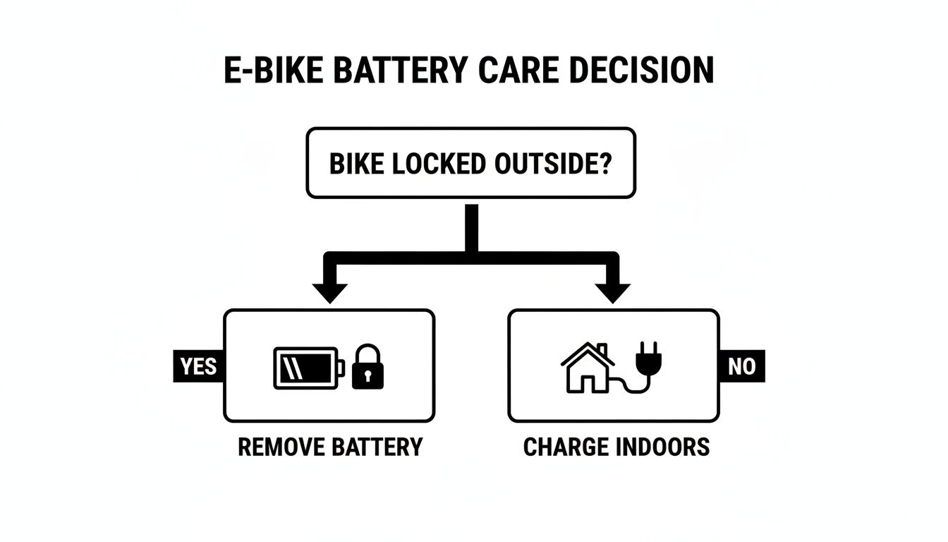 Vooskeem, mis kirjeldab e-jalgratta aku hooldust: eemalda aku, kui see on lukustatud väljas, muidu lae sees.