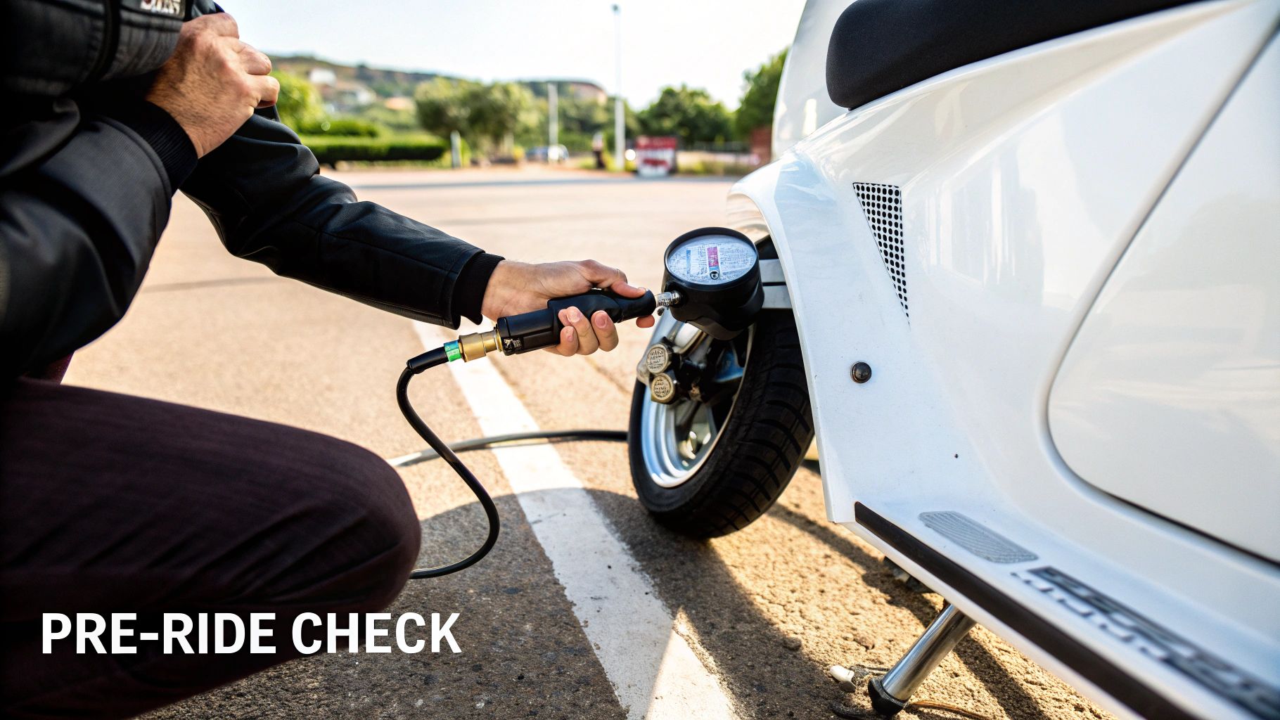 Osoba klęka, aby sprawdzić ciśnienie w oponach białego hulajnoga elektryczna za pomocą miernika przed jazdą.