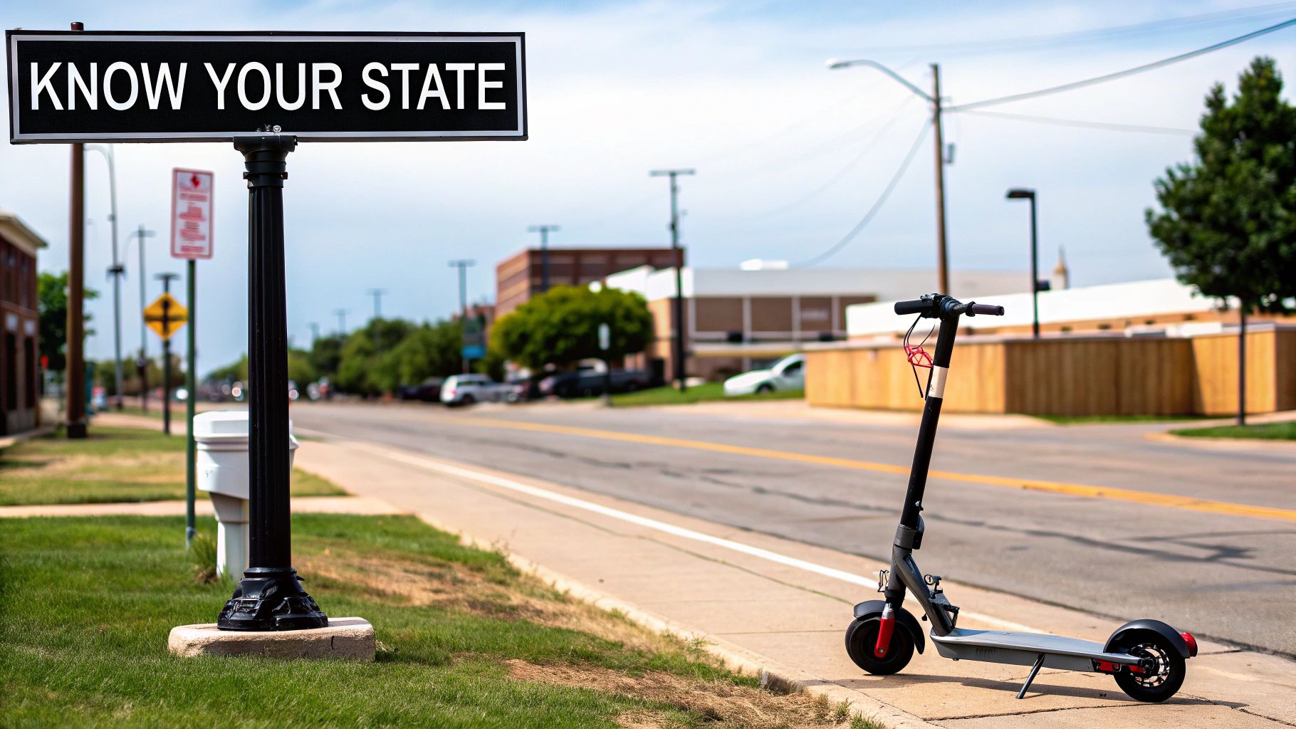 An electric scooter parked in a modern Australian city.