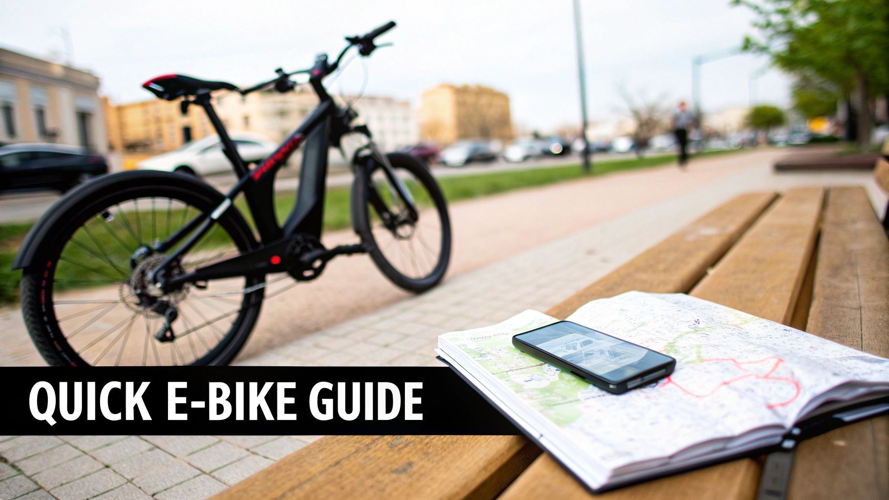 A person riding an electric bike on a paved path through a sunny park.