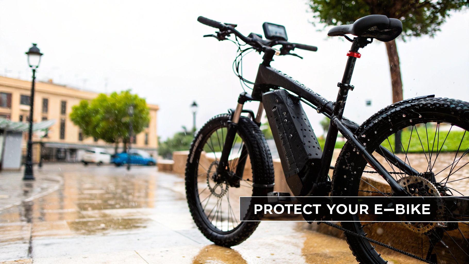 Elegantní černé elektrické kolo pokryté kapkami deště, zaparkované na mokré ulici během lijáku, s textem „CHRAŇTE SVÉ ELEKTROKOLO“.