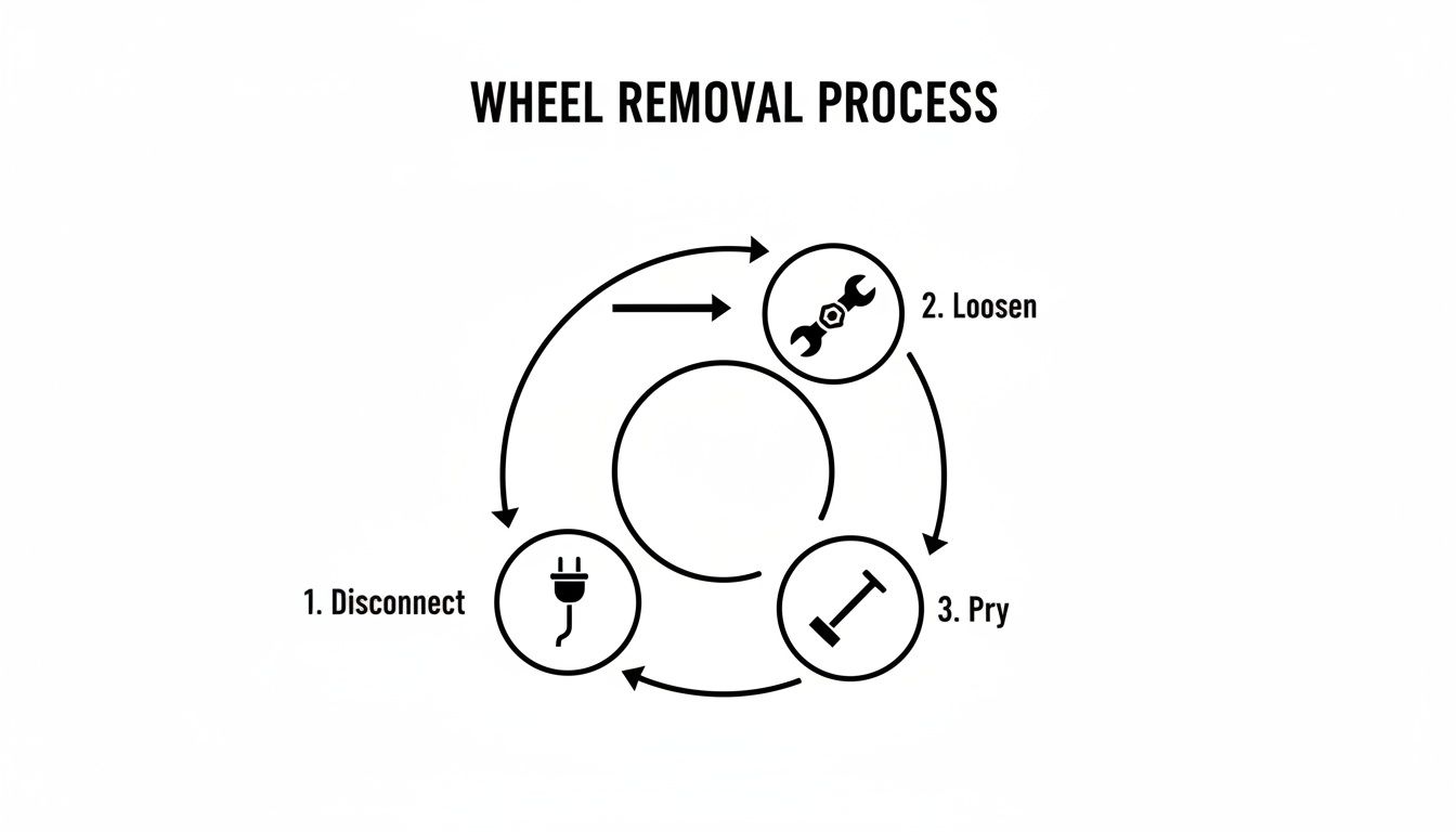 Diagram illustrating the three-step wheel removal process: disconnect, loosen, and pry, shown with icons.