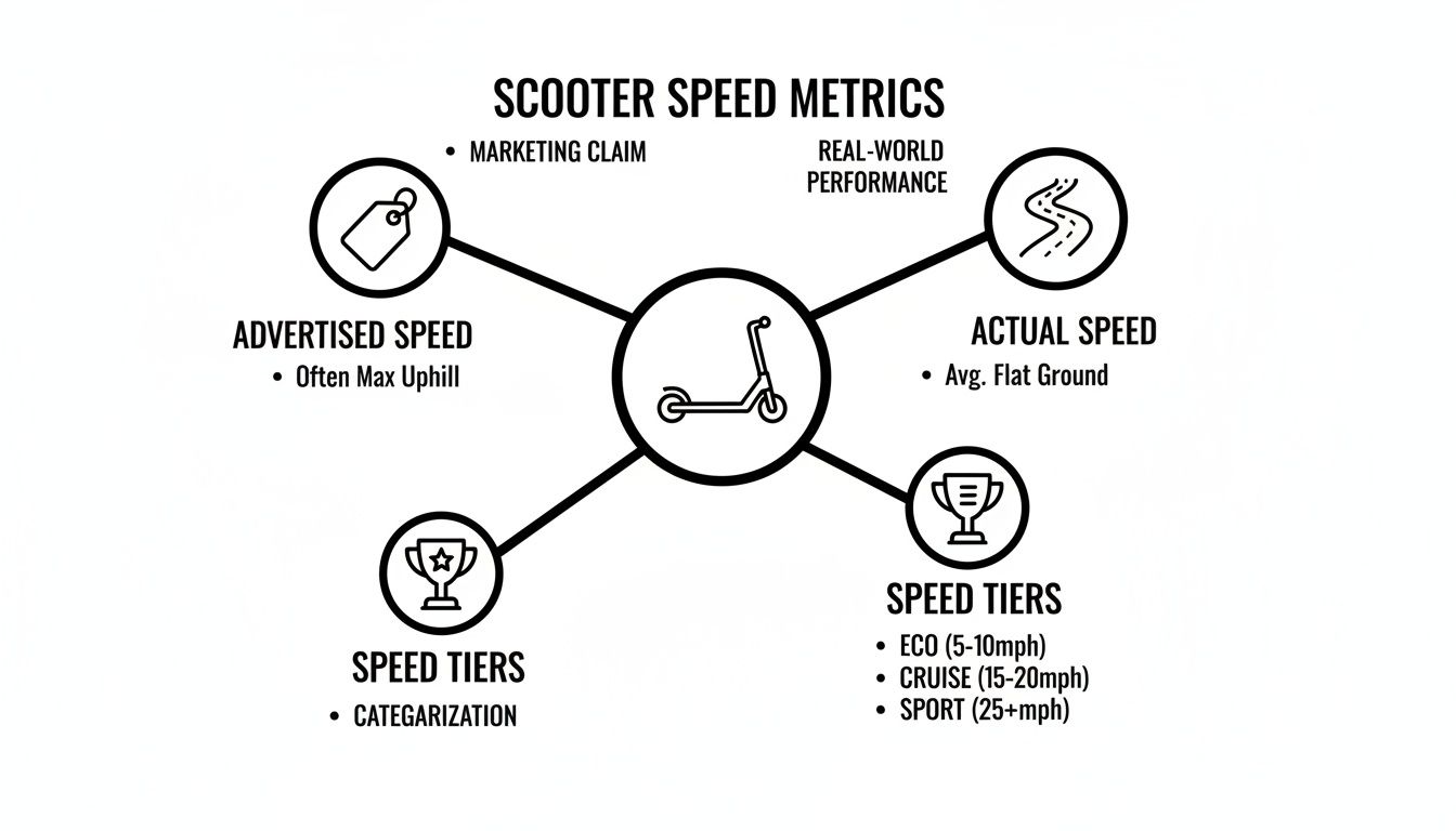 Diagramm, mis illustreerib tõukeratta kiirusmõõdikuid, eristades reklaamitud, tegelikku ja kategooriseeritud kiirusastmeid nagu ECO, CRUISE ja SPORT.