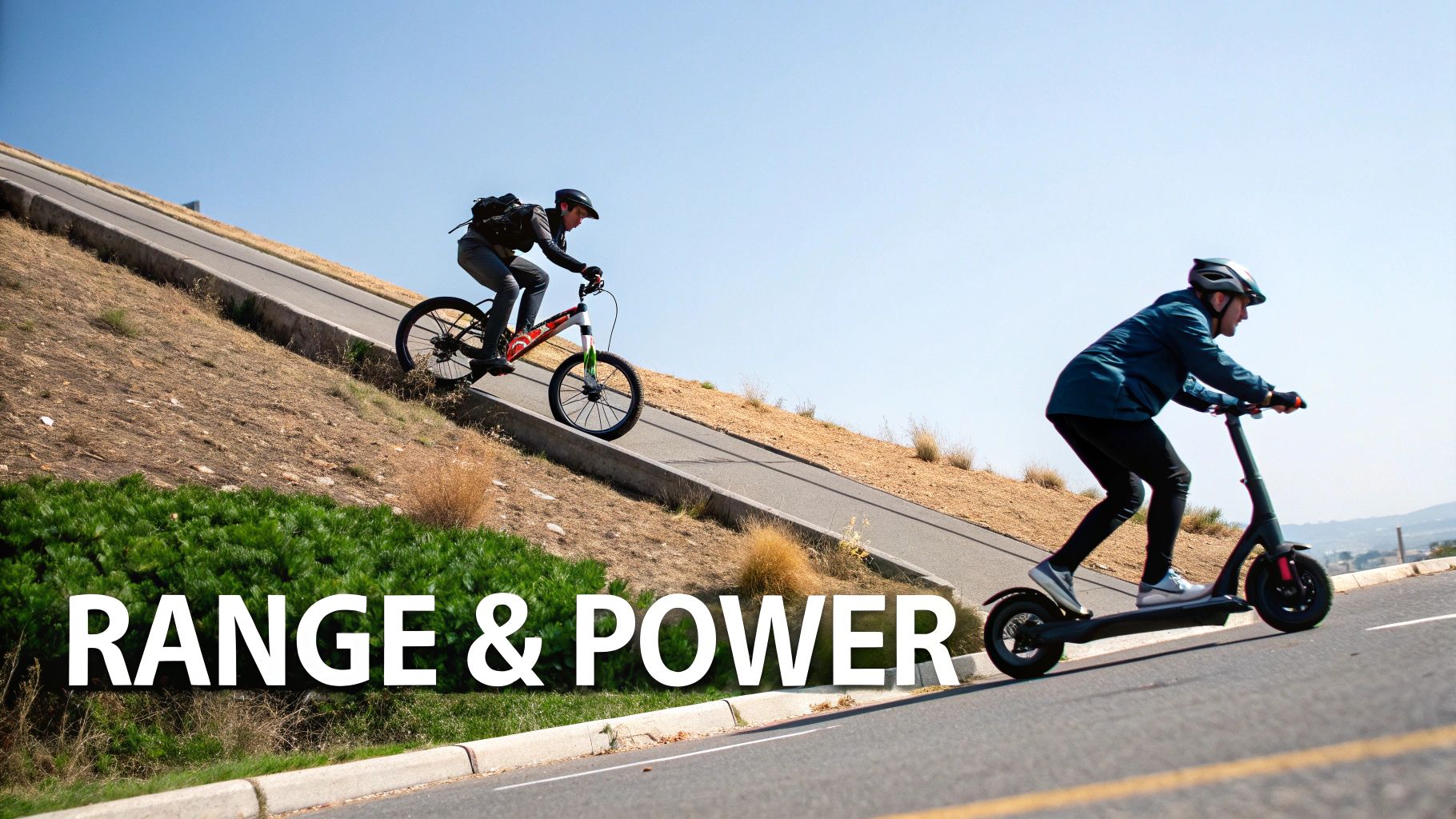 Elektrijalgratas ja tõukeratas tõusevad järsku teed, rõhutades nende sõiduulatust ja võimsust.