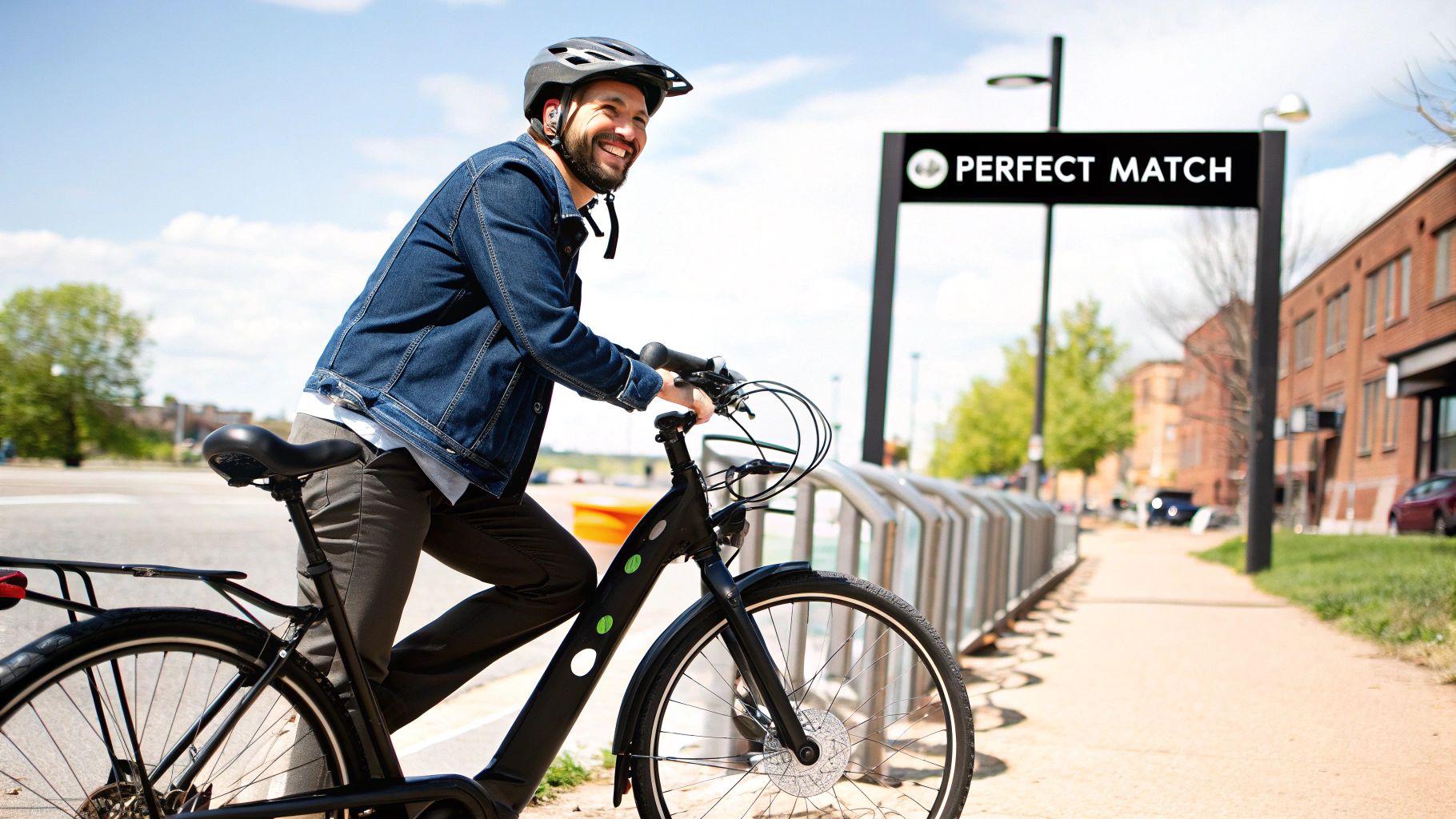 A smiling person riding a Class 1 e-bike on a sunny day in a park.