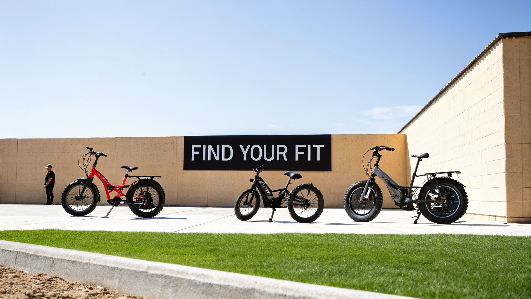 Trzy różne rowery elektryczne zaparkowane na zewnątrz pod banerem „ZNAJDŹ DOBRY” z osobą w pobliżu.