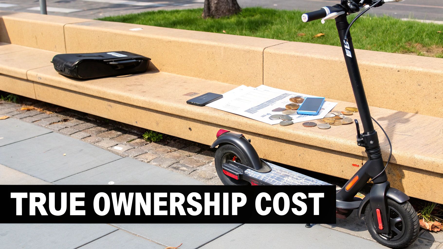 An e-scooter, two smartphones, papers, coins, and a black case on a bench under 'TRUE OWNERSHIP COST' text.