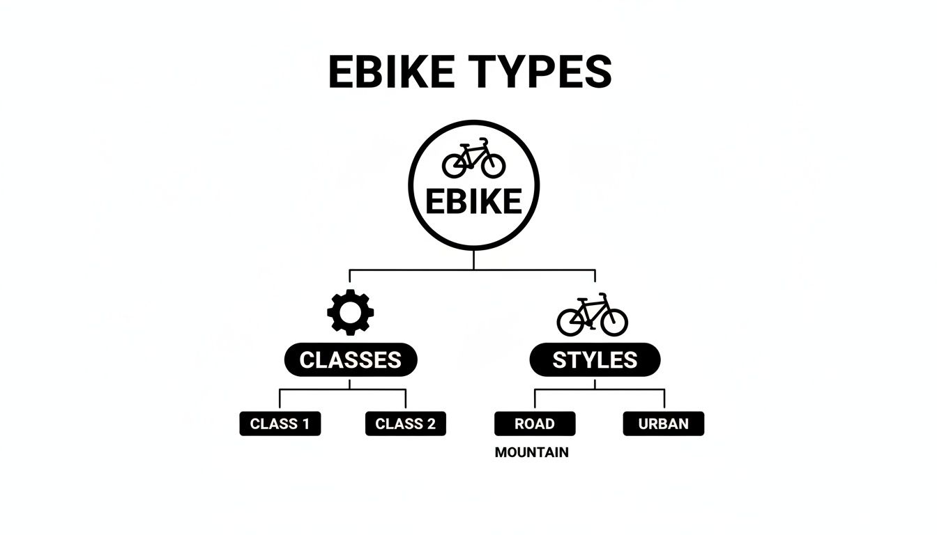 Diagram ilustrujący kategorie ebike'ów, pokazujący klasy (1, 2) i style (szosowy, górski, miejski).