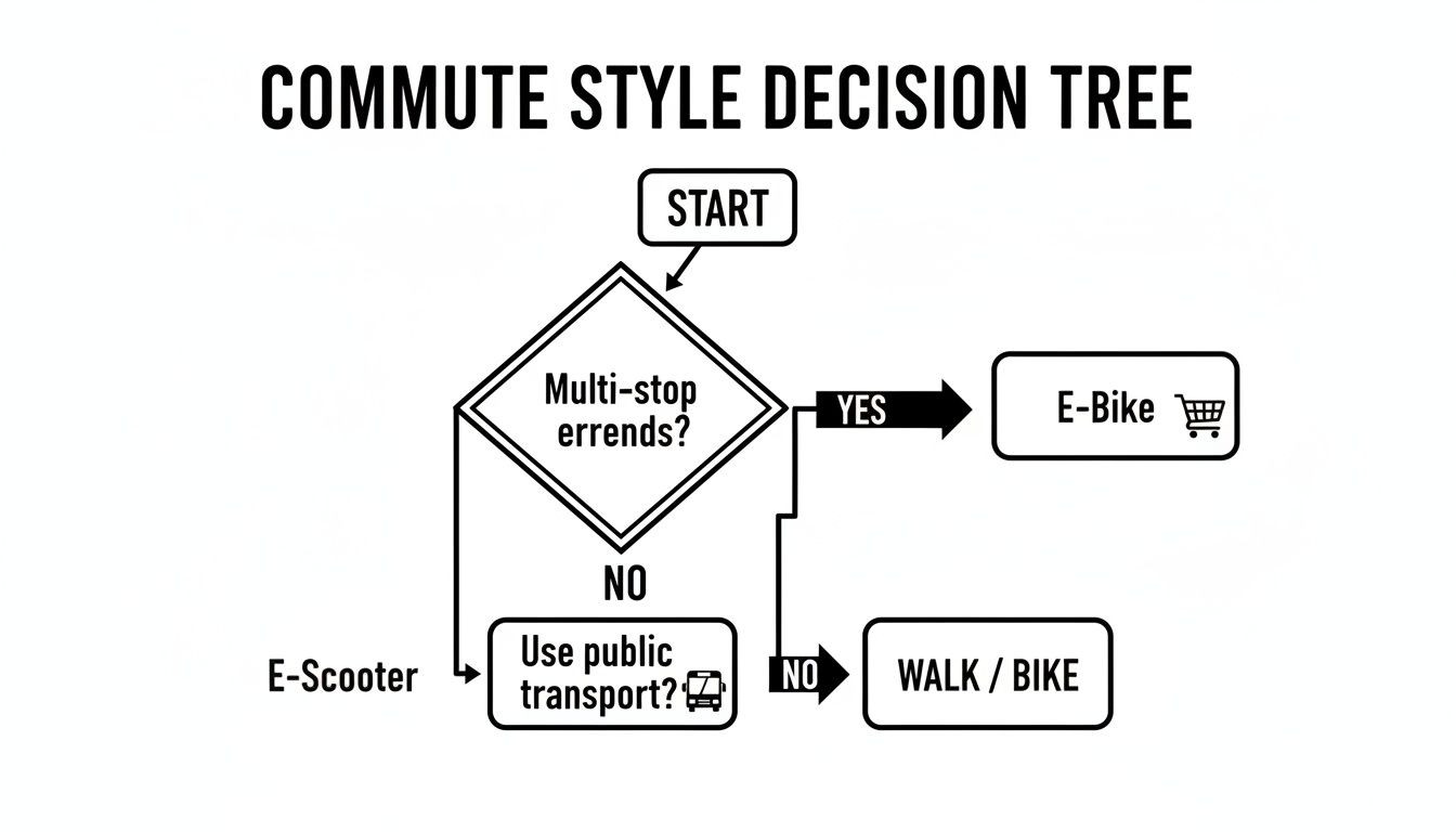 Otsustuspuu vooskeem, mis juhendab pendelrännakustiili valikut: elektrijalgratas, elektritõukeratas või kõndimine/jalgrattasõit.