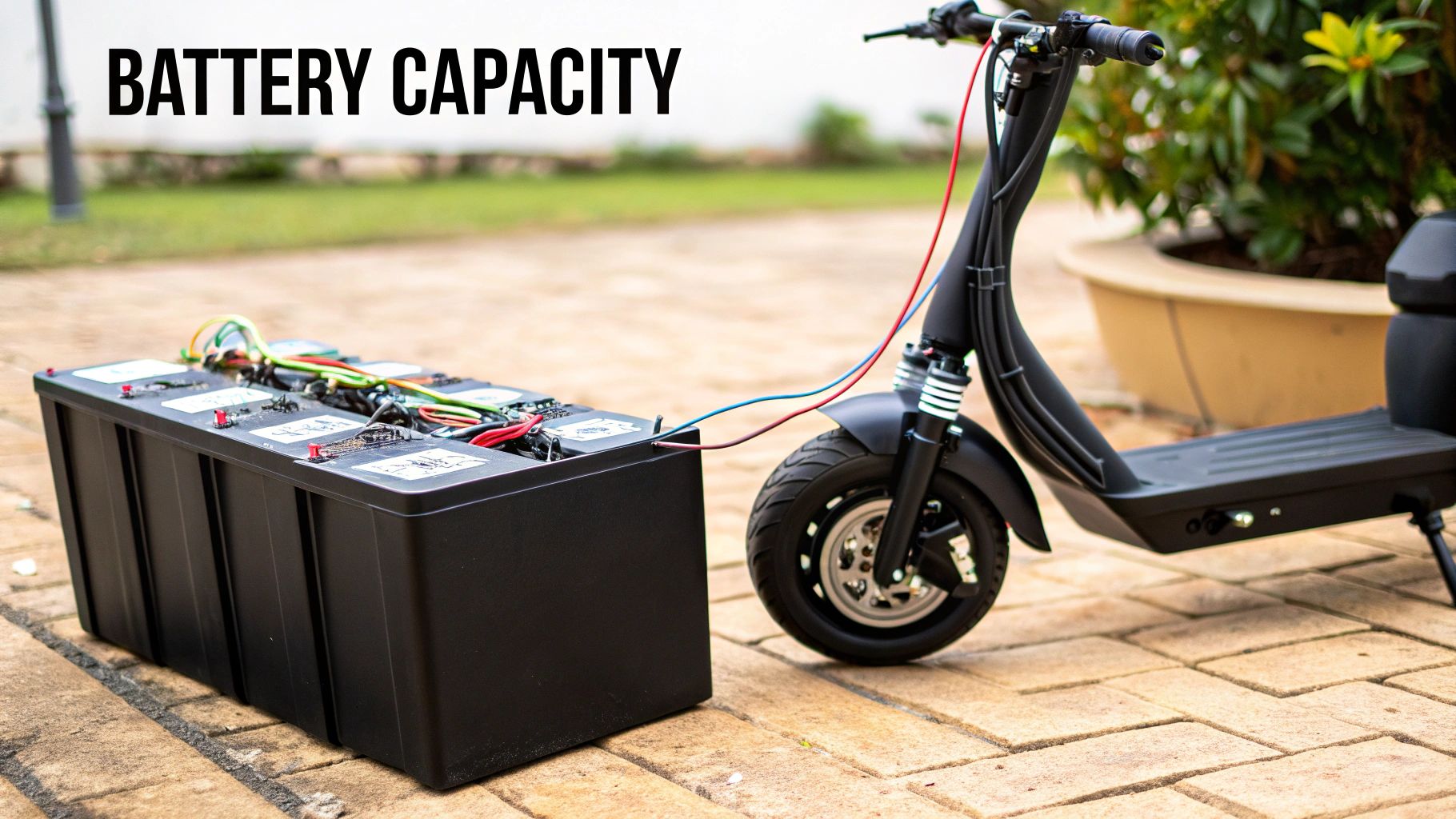 An electric scooter battery being charged, symbolizing the core of its range capability.