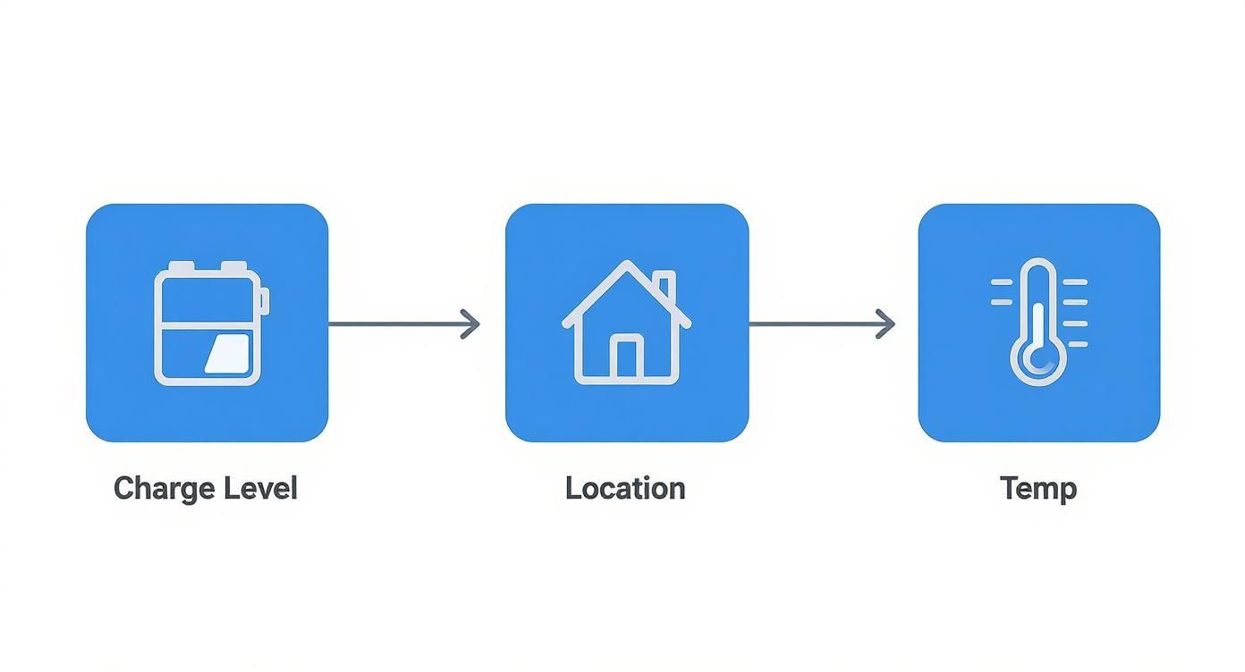 A flow diagram illustrating three interconnected conditions: charge level, location, and temperature.
