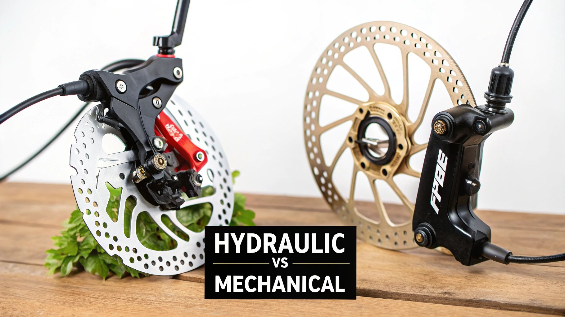 Porównanie mechanicznych i hydraulicznych hamulców tarczowych do rowerów na powierzchni drewnianej.