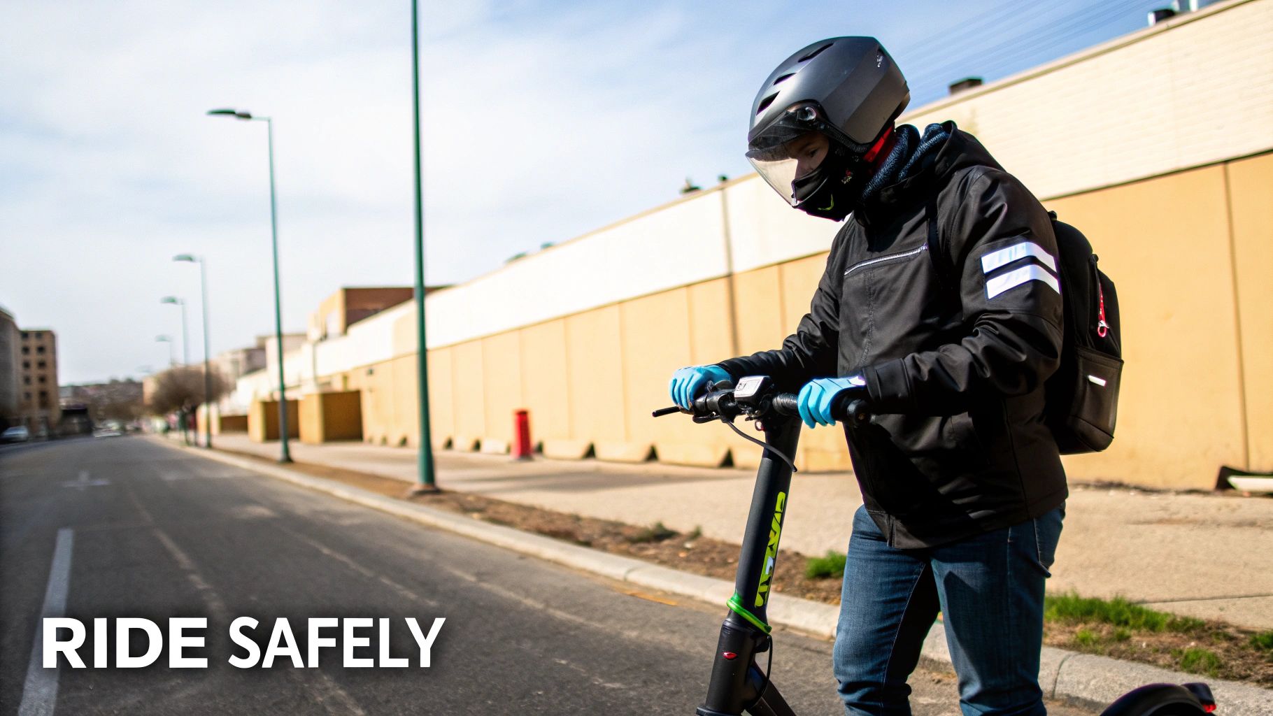 Inimene sõidab päikesepaistelisel päeval elektritõukerattaga, kandes kiivrit ja helkurjopet.