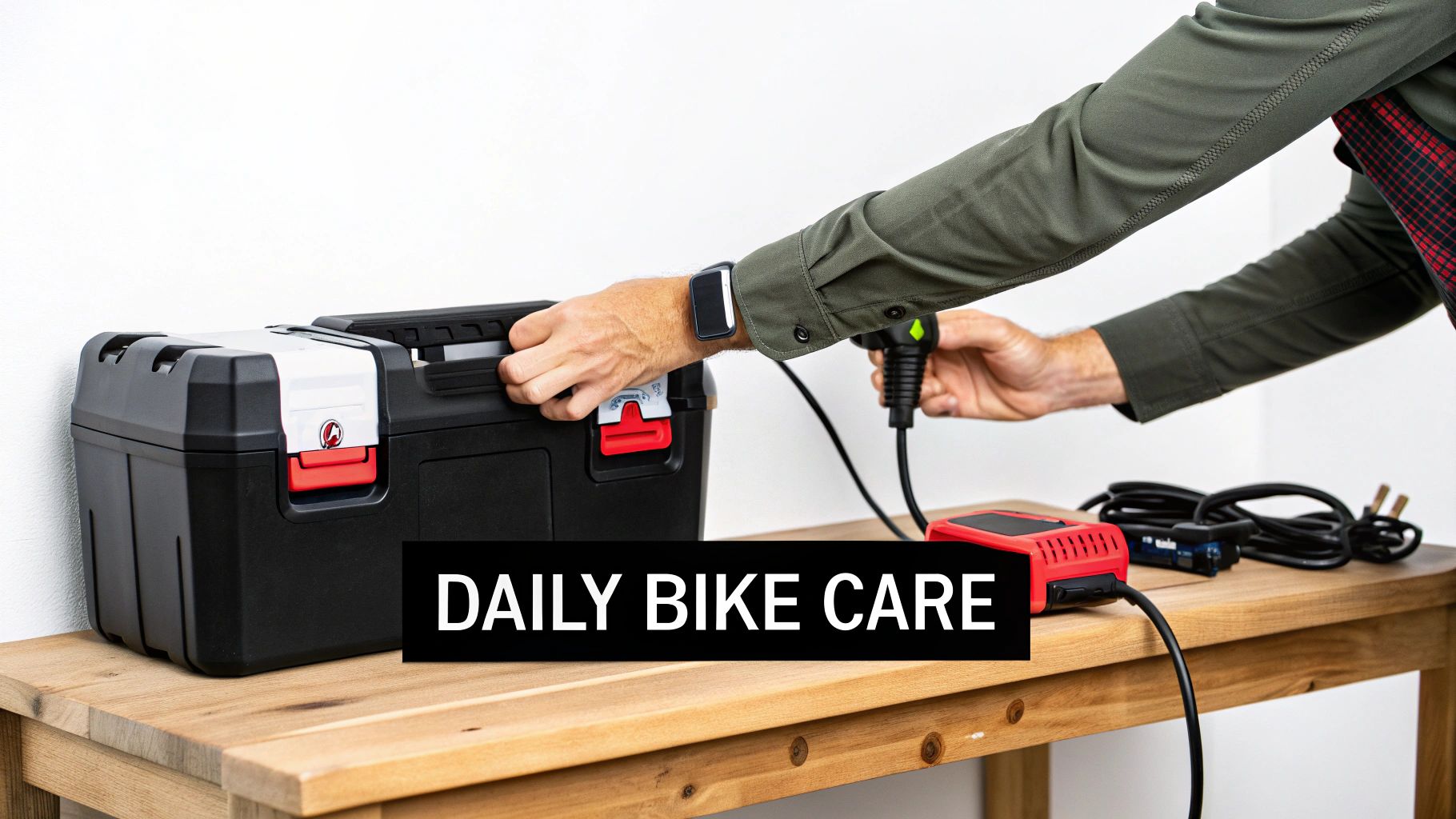 Man preparing a black toolbox and red charger on a wooden table for daily bike maintenance.