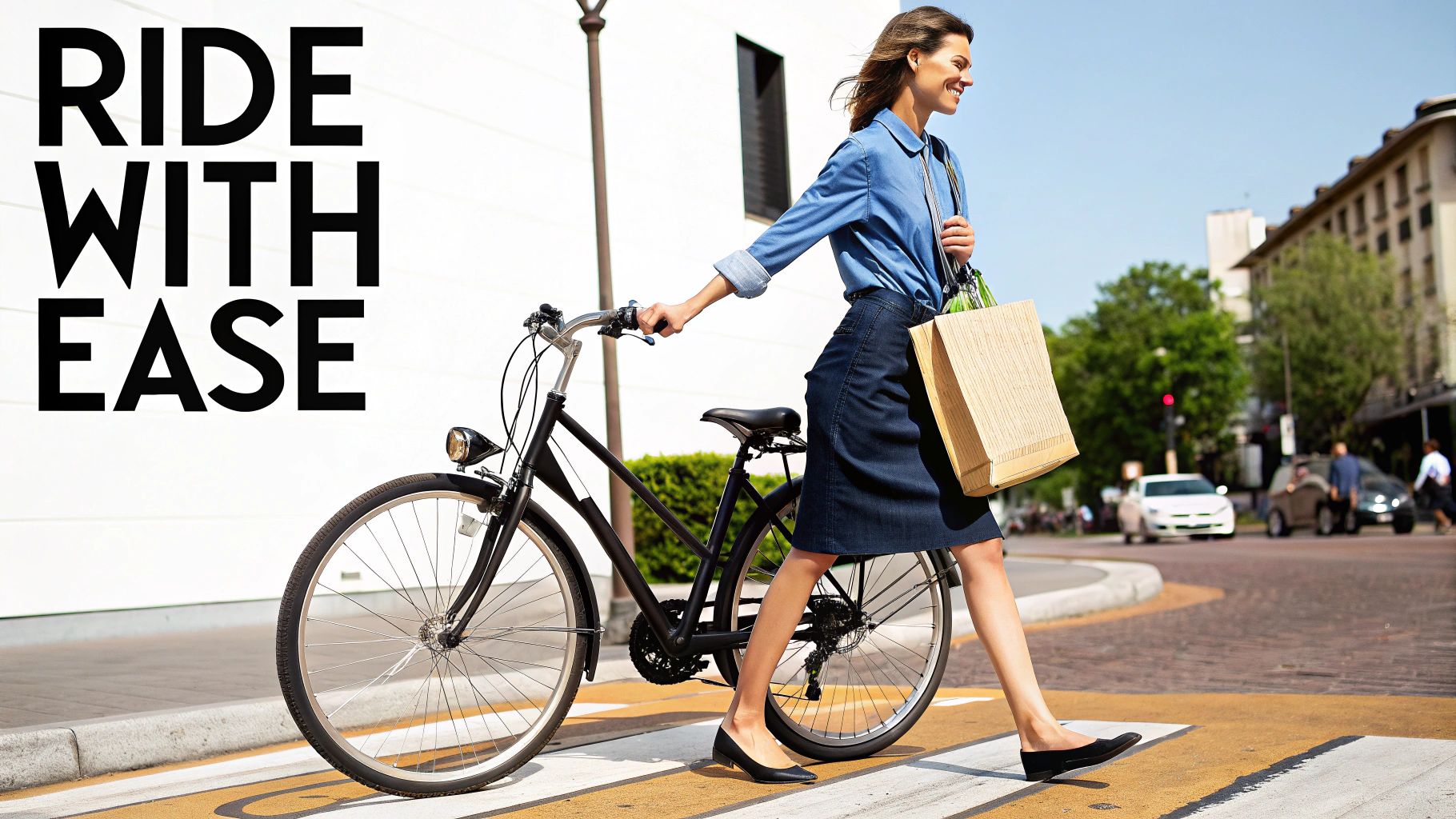 Naeratav naine lükkab musta astmega jalgratast päikeselisel linnatänaval ülekäigurajal.