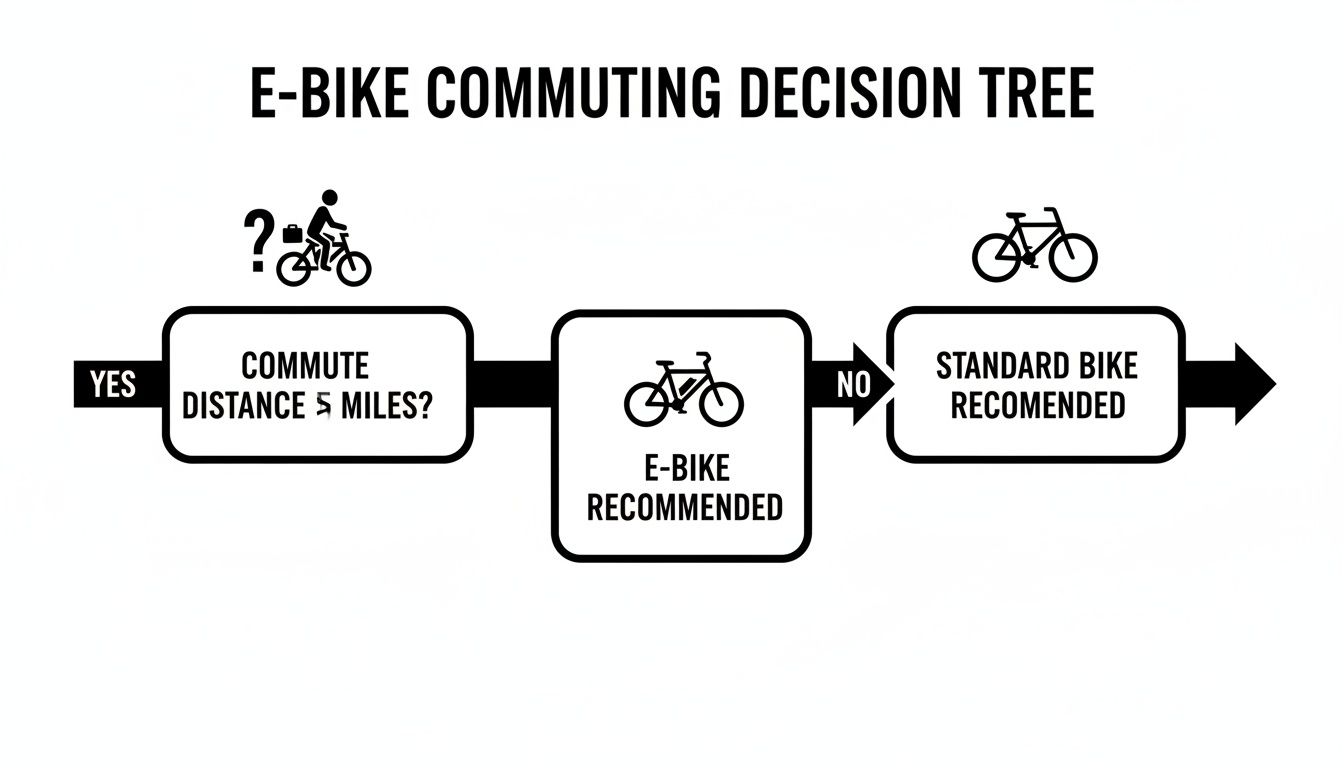 Elektrijalgratta töölesõidu otsustuspuu vooskeem, mis soovitab elektrijalgratast töölesõiduks kuni 5 miili.