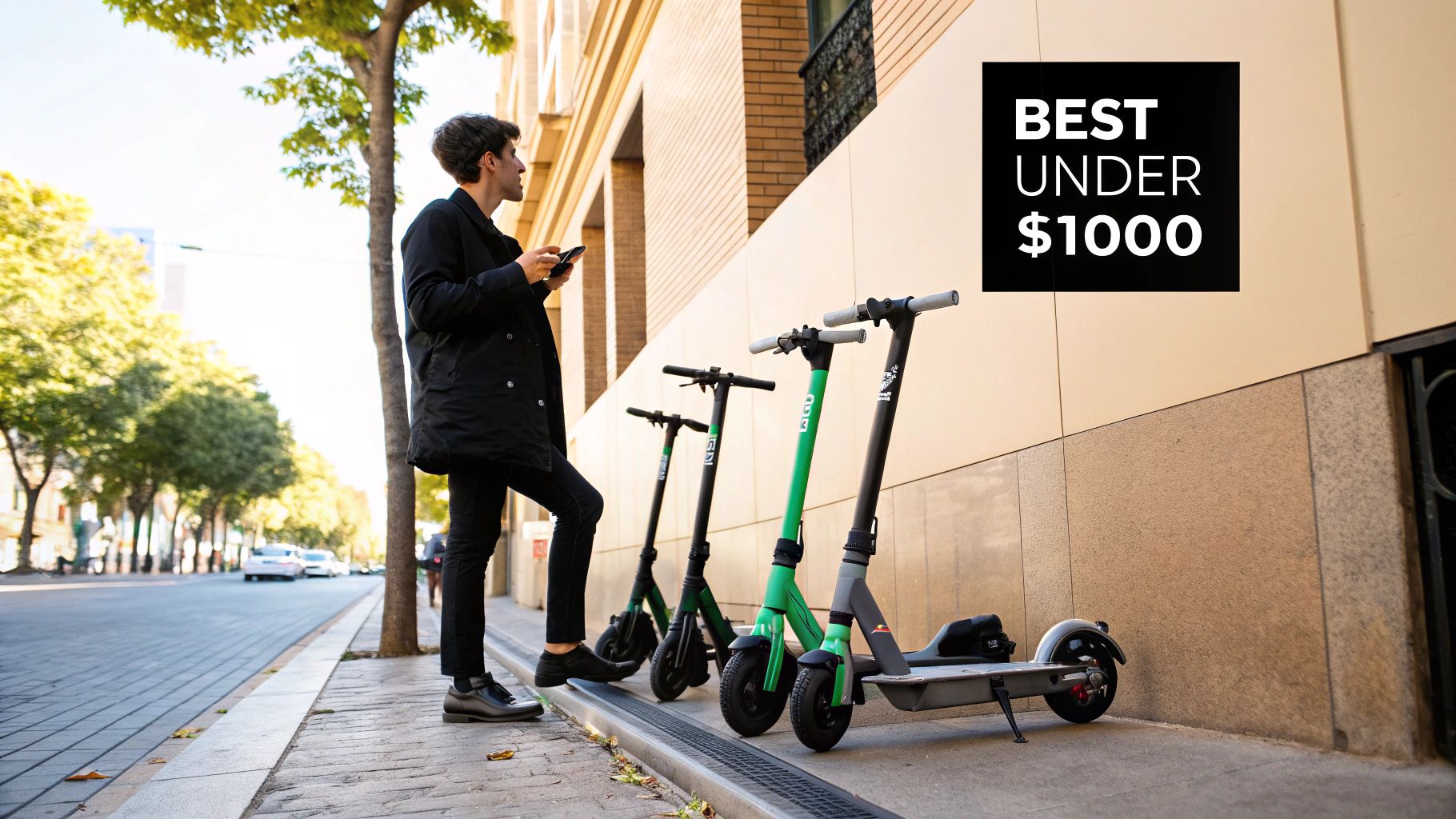 Mężczyzna sprawdzający telefon obok trzech hulajnóg elektrycznych na chodniku miasta, z napisem „NAJLEPSZE PONIŻEJ 1000 USD”.