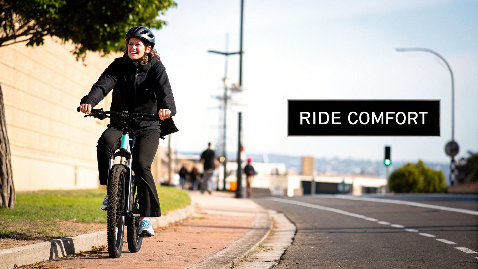 A smiling woman in a helmet and black jacket rides a bicycle on a sunny path next to a road, with text 'RIDE COMFORT'.